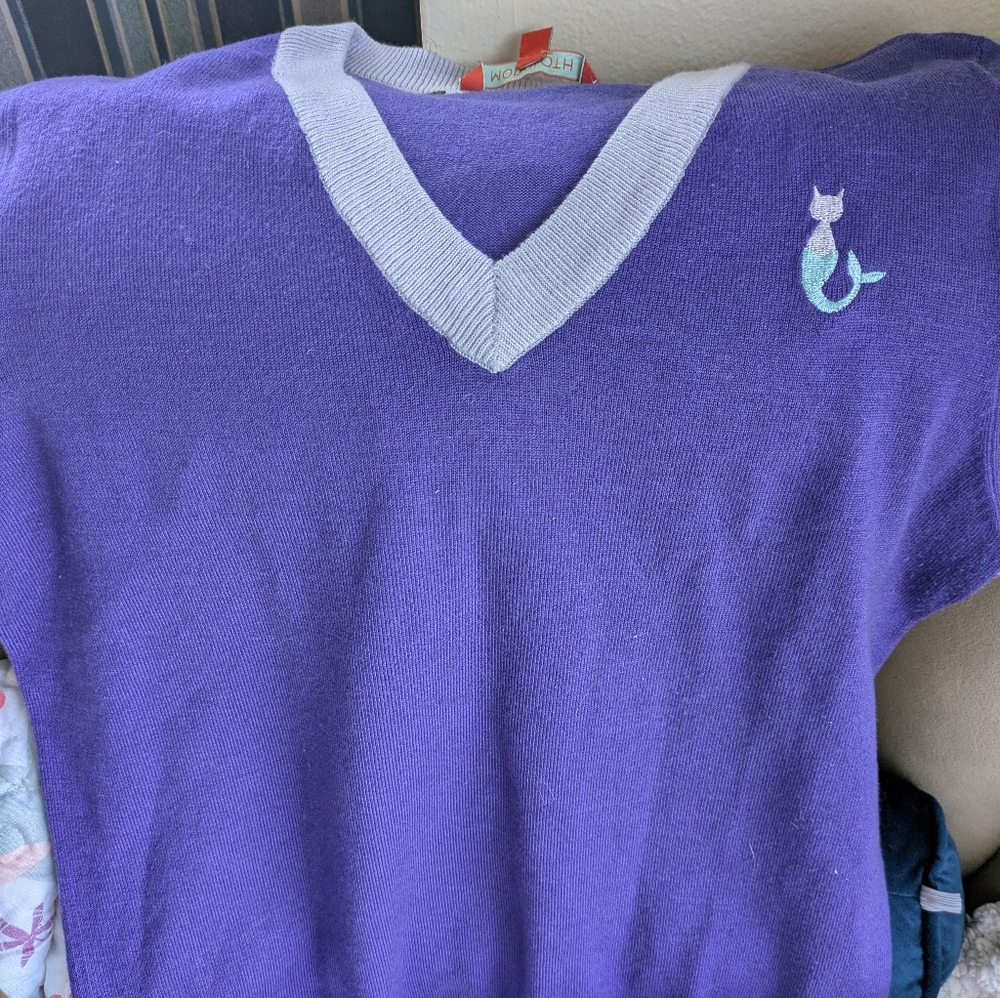 Modcloth Short-sleeve Cat Mermaid Purple Sweater Medium
